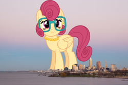 Size: 2048x1365 | Tagged: safe, artist:dashiesparkle, artist:thegiantponyfan, posey shy, pegasus, pony, g4, cleveland, female, giant pegasus, giant pony, giantess, glasses, highrise ponies, irl, jewelry, looking at you, macro, mare, mega giant, necklace, ohio, pearl necklace, photo, ponies in real life, smiling