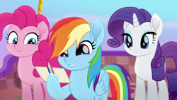 Size: 1920x1080 | Tagged: safe, screencap, pinkie pie, rainbow dash, rarity, earth pony, pony, g4, my little pony: friendship is magic, my little pony: rainbow roadtrip