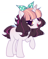 Size: 1280x1554 | Tagged: safe, artist:fenix-artist, oc, oc only, pony, unicorn, bow, female, hair bow, horn, mare, raised hoof, simple background, smiling, solo, unicorn oc, white background