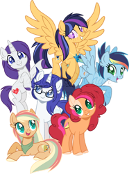 Size: 800x1078 | Tagged: safe, artist:traveleraoi, oc, oc only, oc:apple spritz, oc:aura shine, oc:charity, oc:chimi cherry cheesecake, oc:clarity, oc:nova star sparkle, earth pony, pegasus, pony, unicorn, bandana, base used, blind, butt freckles, colored pupils, cute, ear fluff, earth pony oc, element of magic, female, floating, flying, freckles, glasses, gradient mane, group, group photo, happy, hooves, horn, jewelry, jumping, long tail, looking at each other, looking at someone, lying down, magical lesbian spawn, mare, necklace, next generation, offspring, pandaverse, parent:applejack, parent:fancypants, parent:flash sentry, parent:rainbow dash, parent:rarity, parent:soarin', parent:twilight sparkle, parents:appledash, parents:flashlight, parents:raripants, parents:soarindash, pegasus oc, scar, show accurate, simple background, smiling, tail, transparent background, unicorn oc, watermark, wings