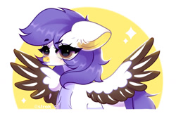 Size: 1280x845 | Tagged: safe, artist:sirok9999, oc, oc only, pegasus, pony, abstract background, eyelashes, female, floppy ears, mare, pegasus oc, solo, spread wings, wings