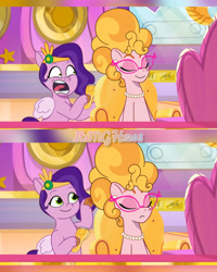 Size: 1920x2400 | Tagged: safe, edit, edited screencap, editor:itsmgh1203, screencap, phyllis cloverleaf, pipp petals, earth pony, pegasus, pony, g5, mane melody, my little pony: tell your tale, sunny-day dinners, spoiler:g5, spoiler:my little pony: tell your tale, spoiler:tyts01e05, spoiler:tyts01e10, comparison, duo, eyes closed, female, glasses, mare, open mouth, shrunken pupils, smiling, sweat