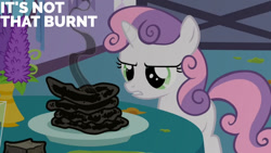 Size: 1280x720 | Tagged: safe, edit, edited screencap, editor:quoterific, screencap, sweetie belle, pony, unicorn, g4, season 2, sisterhooves social, burnt, cooking, female, filly, foal, food, smoke, solo, sweetie belle can't cook, sweetie fail, text