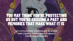 Size: 1280x720 | Tagged: safe, edit, editor:quoterific, idw, rarity, pony, unicorn, from the shadows, g4, female, mare, smiling, solo, text