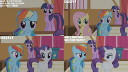 Size: 1280x720 | Tagged: safe, edit, edited screencap, editor:quoterific, screencap, fluttershy, rainbow dash, rarity, twilight sparkle, pegasus, pony, unicorn, applebuck season, g4, season 1, female, mare, open mouth, ponyville town hall, text, unicorn twilight