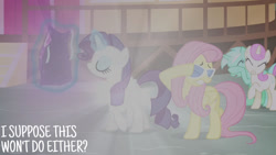 Size: 1280x720 | Tagged: safe, edit, edited screencap, editor:quoterific, screencap, fluttershy, lyra heartstrings, rarity, twinkleshine, earth pony, pegasus, pony, unicorn, g4, it ain't easy being breezies, my little pony: friendship is magic, season 4, eyes closed, female, glasses, magic, mare, smiling, telekinesis, text