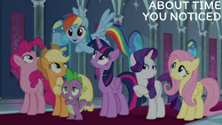 Size: 1280x720 | Tagged: safe, edit, edited screencap, editor:quoterific, screencap, applejack, fluttershy, pinkie pie, rainbow dash, rarity, spike, twilight sparkle, alicorn, dragon, earth pony, pegasus, pony, unicorn, g4, season 9, the beginning of the end, applejack's hat, cowboy hat, crossed hooves, female, flying, hat, male, mane seven, mane six, mare, open mouth, open smile, smiling, spread wings, text, twilight sparkle (alicorn), winged spike, wings