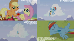 Size: 1280x720 | Tagged: safe, edit, edited screencap, editor:quoterific, screencap, applejack, fluttershy, rainbow dash, earth pony, pegasus, pony, g4, season 3, wonderbolts academy, apple, applejack's hat, cowboy hat, eyes closed, female, flying, food, hat, mare, open mouth, open smile, smiling, spread wings, text, trio, wings