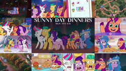 Size: 1280x722 | Tagged: safe, edit, edited screencap, editor:quoterific, screencap, hitch trailblazer, izzy moonbow, pipp petals, sunny starscout, zipp storm, earth pony, pegasus, pony, unicorn, g5, my little pony: tell your tale, sunny-day dinners, spoiler:g5, spoiler:my little pony: tell your tale, spoiler:tyts01e10, apple, carrot, female, food, grin, male, mane five, mane stripe sunny, mare, night, open mouth, open smile, pancakes, shrunken pupils, smiling, squishy cheeks, stallion, text