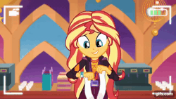 Size: 640x360 | Tagged: safe, screencap, sunset shimmer, human, equestria girls, g4, how to backstage, my little pony equestria girls: better together, animated, camera shot, female, geode of empathy, gif, gifs.com, magical geodes, music festival outfit, solo