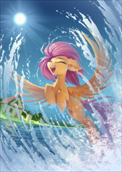 Size: 3512x4967 | Tagged: safe, artist:ramiras, fluttershy, pegasus, pony, g4, absurd resolution, commission, cute, eyes closed, female, flying, majestic, mare, open mouth, shyabetes, smiling, solo, spread wings, sun, water, wings
