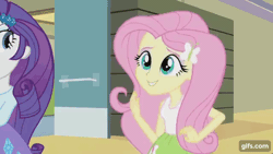 Size: 640x360 | Tagged: safe, screencap, fluttershy, pinkie pie, rarity, human, equestria girls, g4, my little pony equestria girls: rainbow rocks, animated, clothes, cutie mark on clothes, eyes closed, female, gif, gifs.com, hairpin, smiling, trio