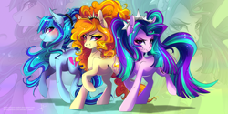 Size: 8000x4000 | Tagged: safe, artist:wilvarin-liadon, adagio dazzle, aria blaze, sonata dusk, earth pony, pony, g4, 2017, abstract background, absurd file size, absurd resolution, blushing, color porn, cutie mark, ear fluff, equestria girls ponified, eyestrain warning, female, long mane, looking at you, mare, old art, ponified, raised hoof, smiling, the dazzlings, trio, zoom layer