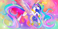 Size: 8000x4000 | Tagged: safe, artist:wilvarin-liadon, princess celestia, alicorn, pony, g4, 2017, abstract background, absurd file size, absurd resolution, blushing, color porn, colored wings, cute, female, flying, glowing, glowing horn, horn, looking at you, magic, mare, old art, smiling, solo, spread wings, wings