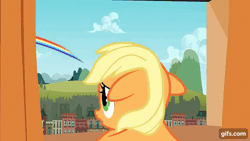 Size: 640x360 | Tagged: safe, screencap, applejack, earth pony, pony, g4, season 1, the cutie mark chronicles, animated, blinking, cute, female, filly, filly applejack, floppy ears, gif, gifs.com, jackabetes, open mouth, open smile, rainbow, smiling, solo, younger