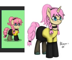 Size: 1205x1006 | Tagged: safe, artist:rcooper, oc, oc:rcooper, pony, unicorn, pony town, blue eyes, braid, braided tail, choker, clothes, comparison, glasses, pantyhose, pink hair, simple background, skirt, solo, tail, white background