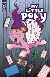 Size: 2063x3131 | Tagged: safe, artist:pony-berserker, idw, official comic, pipp petals, pegasus, pony, g5, official, spoiler:comic, spoiler:g5comic, spoiler:g5comic04, cellphone, comic cover, computer, crying, falling, female, high res, i can't believe it's idw, i can't believe pony-berserker is now associated with idw, laptop computer, mare, microphone, my little pony logo, phone, retailer incentive, text