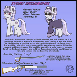 Size: 1024x1024 | Tagged: safe, artist:dice-warwick, oc, oc:ivory moonshine, bicorn, pony, fallout equestria, choker, clothes, cloven hooves, cutlass, ear piercing, earring, horn, jacket, jewelry, lever action rifle, multiple horns, piercing, sunglasses, sword, weapon