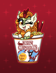 Size: 2550x3300 | Tagged: safe, artist:confetticakez, autumn blaze, kirin, nirik, pony, abstract background, awwtumn blaze, blushing, chopsticks, cup, cup noodles, cup of pony, cute, food, gradient background, micro, noodles, one eye closed, open mouth, ponies in food, ramen, smol, solo, wink
