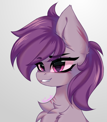 Size: 1890x2160 | Tagged: safe, artist:lunylin, oc, oc only, oc:ametist bell, bat pony, pony, bust, chest fluff, eyebrows, eyebrows visible through hair, fangs, female, mare, portrait, signature, smiling, solo