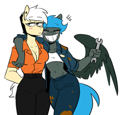 Size: 979x926 | Tagged: safe, artist:redxbacon, oc, oc only, oc:jade shine, oc:note clip, earth pony, pegasus, anthro, bare midriff, big grin, blush lines, blushing, breasts, cleavage, clothes, duo, duo female, female, grin, jacket, smiling, wrench
