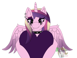 Size: 1600x1200 | Tagged: safe, artist:gray star, derpibooru exclusive, princess cadance, alicorn, collar, goth, heart, looking at you, makeup, piercing, spiked collar, spread wings, tongue out, wings