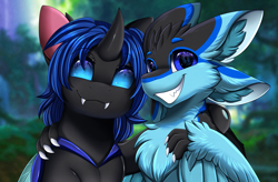 Size: 4015x2640 | Tagged: safe, artist:pridark, oc, oc only, oc:swift dawn, changeling, best friends, bust, changeling oc, commission, duo, furry, high res, looking at you, portrait, smiling