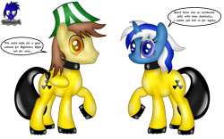Size: 6672x4154 | Tagged: safe, artist:damlanil, oc, oc:ferb fletcher, oc:zipper zest, pegasus, pony, unicorn, boots, clothes, collar, comic, commission, duo, female, hazmat pony drone, hazmat suit, horn, latex, latex boots, latex suit, looking at you, male, mare, raised hoof, rubber, rubber drone, shiny, shoes, show accurate, simple background, speech bubble, stallion, suit, text, transparent background, vector, wings