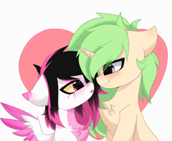 Size: 2560x2095 | Tagged: safe, artist:lunylin, oc, oc only, oc:c-3301, oc:lunylin, pegasus, pony, unicorn, chest fluff, colored belly, cute, dark belly, duo, duo female, female, high res, lesbian, love, reverse countershading, simple background, white background