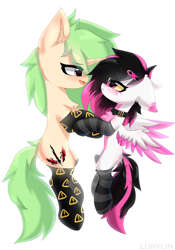 Size: 1512x2160 | Tagged: safe, artist:lunylin, oc, oc only, oc:c-3301, oc:lunylin, pegasus, pony, unicorn, chest fluff, clothes, colored belly, cute, dark belly, duo, duo female, female, floppy ears, flying, lesbian, reverse countershading, simple background, socks, striped socks, white background
