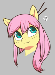 Size: 413x561 | Tagged: artist needed, safe, fluttershy, pegasus, pony, g4, aggie.io, alternate hairstyle, bust, cute, female, gray background, hair accessory, mare, shyabetes, simple background, solo