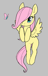 Size: 319x501 | Tagged: artist needed, safe, fluttershy, butterfly, pegasus, pony, g4, aggie.io, blank flank, cute, female, filly, filly fluttershy, flying, foal, gray background, hair over one eye, hooves to the chest, shyabetes, simple background, solo, spread wings, wings, younger