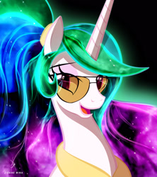 Size: 1920x2160 | Tagged: safe, artist:zidanemina, princess celestia, alicorn, pony, alternate hairstyle, black background, bust, ethereal mane, eyebrows, female, glasses, high res, mare, missing accessory, open mouth, open smile, portrait, signature, simple background, smiling, solo, starry mane