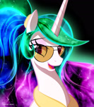 Size: 1920x2160 | Tagged: safe, alternate version, artist:zidanemina, princess celestia, alicorn, pony, alternate hairstyle, black background, bust, ethereal mane, eyebrows, female, glasses, glowing, high res, mare, missing accessory, open mouth, open smile, portrait, signature, simple background, smiling, solo, starry mane