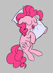 Size: 194x267 | Tagged: safe, artist:somethingatall, pinkie pie, earth pony, pony, aggie.io, cute, diapinkes, drool, eyes closed, female, floppy ears, gray background, lowres, lying down, mare, on side, open mouth, pillow, simple background, sleeping, solo