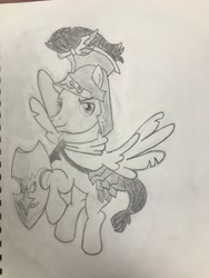 Size: 3024x4032 | Tagged: safe, artist:mlpfantealmintmoonrise, flash magnus, pegasus, g4, drawing, male, netitus, pencil drawing, photo, shield, sketch, solo, stallion, traditional art