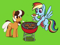Size: 662x498 | Tagged: safe, artist:_ton618_, artist:thebatfang, rainbow dash, oc, oc:s'mare, earth pony, pegasus, pony, aggie.io, apron, barbeque, blushing, burger, clothes, cooking, dexterous hooves, female, flying, food, grill, hamburger, hoof hold, kiss the cook, mare, marshmallow, meat, mouth hold, open mouth, plate, ponies eating meat, s'mores, smiling, spatula, spread wings, wings