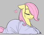 Size: 455x363 | Tagged: artist needed, safe, fluttershy, butterfly, pegasus, pony, aggie.io, blanket, blanket burrito, cute, eyes closed, female, floppy ears, gray background, hair over one eye, lying down, mare, prone, shyabetes, simple background, sleeping, smiling, solo
