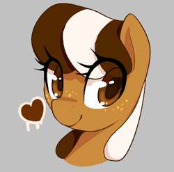 Size: 392x387 | Tagged: safe, artist:thebatfang, oc, oc only, oc:s'mare, pony, aggie.io, bust, cute, eye clipping through hair, female, gray background, heart, looking at you, lowres, mare, portrait, simple background, smiling, solo