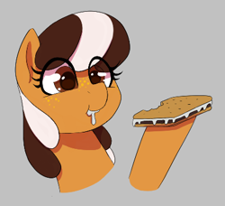 Size: 408x372 | Tagged: safe, artist:thebatfang, oc, oc only, oc:s'mare, earth pony, pony, aggie.io, bust, cute, eating, female, food, gray background, hoof hold, mare, s'mores, simple background, smiling, solo