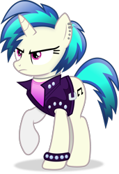 Size: 3072x4487 | Tagged: safe, artist:anime-equestria, dj pon-3, vinyl scratch, pony, unicorn, alternate hairstyle, angry, belt, clothes, ear piercing, female, frown, full body, high res, hooves, horn, jacket, jewelry, mare, necklace, piercing, punk, raised hoof, shadow, simple background, solo, spiked wristband, standing, transparent background, vector, wristband