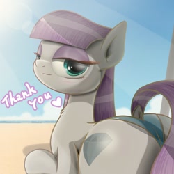 Size: 1262x1262 | Tagged: safe, artist:phoenixrk49, maud pie, earth pony, pony, g4, beach, blushing, boulder buns, butt, clothes, dock, female, heart, lidded eyes, looking at you, looking back, looking back at you, lying down, mare, plot, prone, smiling, solo, sunscreen, swimsuit, tail, thank you, when she smiles, wrong cutie mark