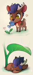 Size: 1500x3345 | Tagged: safe, artist:yakovlev-vad, oc, oc:arny, deer, deer pony, original species, chibi, colored belly, lacrimal caruncle, mouth hold, pale belly, plant, solo, watering can