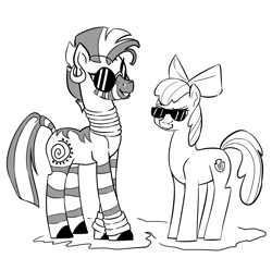 Size: 2894x2868 | Tagged: safe, artist:bluvsred, apple bloom, zecora, earth pony, pony, zebra, g4, bow, female, filly, foal, hair bow, high res, monochrome, request, simple background, sunglasses, white background
