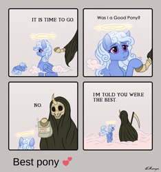 Size: 3094x3312 | Tagged: safe, artist:eltaile, oc, oc:comfy pillow, pegasus, pony, 4 panel comic, butt, comic, commission, dead, death, duo, female, grim reaper, halo, heaven, high res, it's time to go, mare, plot