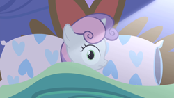 Size: 1280x720 | Tagged: safe, screencap, sweetie belle, pony, unicorn, for whom the sweetie belle toils, g4, season 4, bed, female, filly, foal, light, reaction image, solo, waking up, wide eyes