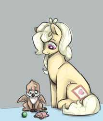 Size: 617x720 | Tagged: safe, artist:smirk, oc, oc only, oc:gravel, oc:mutter butter, earth pony, griffon, pony, adopted offspring, baby, ball, colored sketch, cute, duo, female, mother and child, plushie, toy