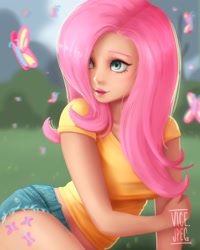 Size: 1890x2362 | Tagged: safe, artist:vicejpeg, fluttershy, butterfly, human, breasts, busty fluttershy, clothes, cutie mark on human, cutie mark tattoo, denim shorts, female, grass, hair over one eye, humanized, lipstick, looking at something, shirt, shorts, solo, t-shirt, tattoo, uncanny valley