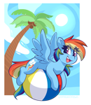 Size: 3465x4001 | Tagged: safe, artist:graphene, rainbow dash, pegasus, pony, beach ball, cute, dashabetes, eye clipping through hair, female, mare, open mouth, open smile, palm tree, sky, smiling, solo, spread wings, sun, tree, wings
