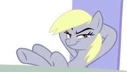 Size: 1280x720 | Tagged: safe, artist:kingbases, artist:twilyisbestpone, derpibooru exclusive, derpy hooves, pegasus, pony, base used, crossed hooves, female, friendship throne, hooves behind head, hooves on the table, looking at you, mare, oh shit, simple background, slasher smile, smiling, smirk, smug, solo, throne, transparent background, welcome home twilight, xk-class end-of-the-world scenario